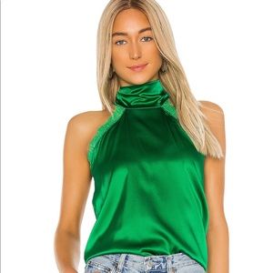 Generation Love x Revolve. Green silk Tie neck Blouse with lace detail. Size xs